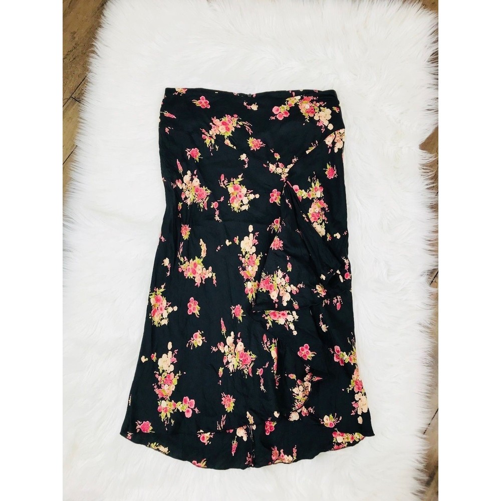 REVIEW Australia Pink Floral Skirt Sz 12 Black Midi Black